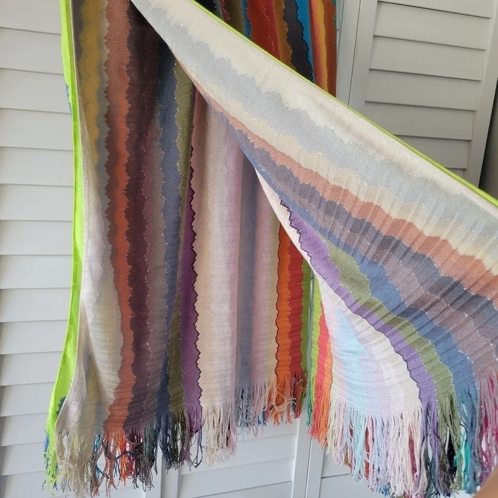 Rainbow 70s Retro Stripe Chevron Print Fringe Oversize Blanket Shawl 61X47 - Picture 2 of 5